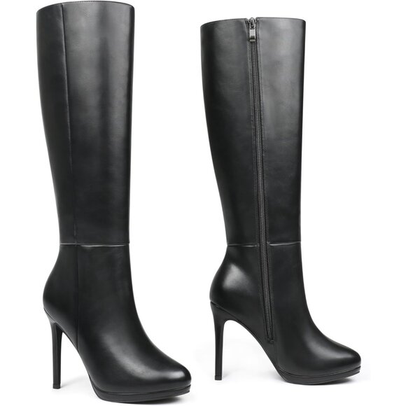 Women's Black Rubber Stiletto Knee High Boots Platform Side Zipper Long Boots - Picture 1 of 9